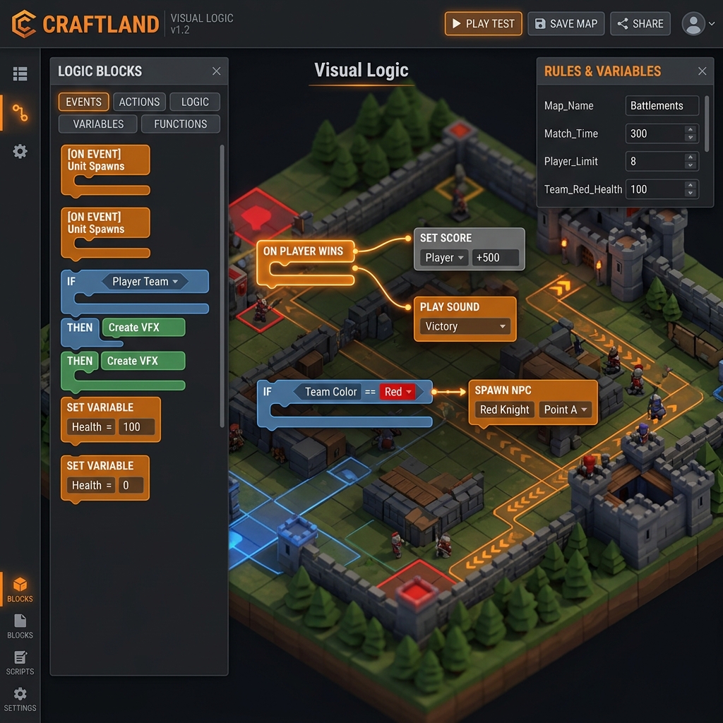 Craftland visual logic code blocks and Scratch-like drag and drop interface