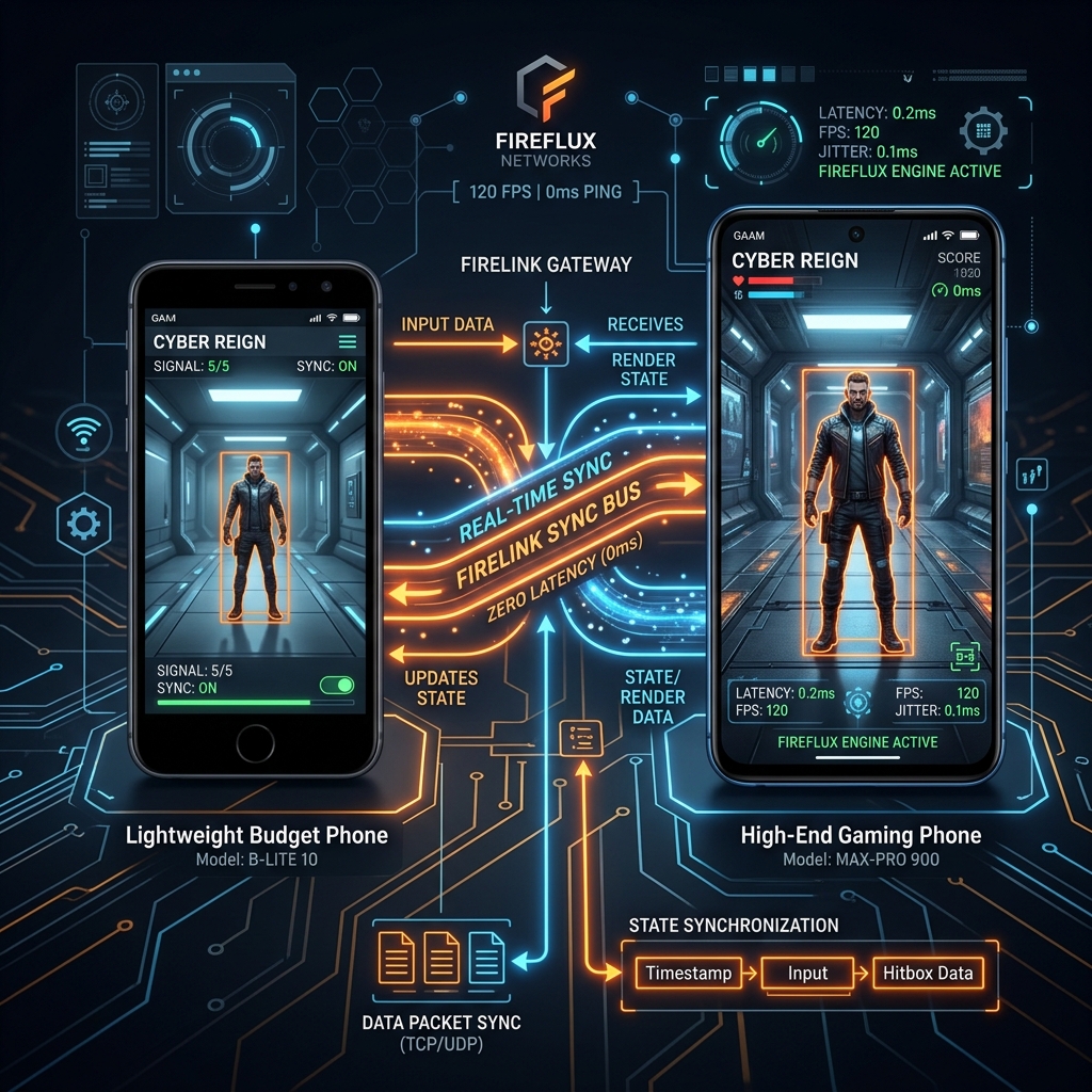Tech diagram showing Firelink syncing budget and gaming flagship devices with zero latency